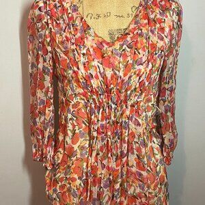 🌸 Sundance 100% Silk Floral Blouse – XS – Boho Romantic Tunic Top